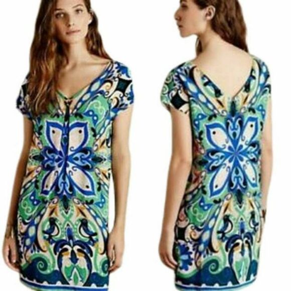 Anthropologie Maeve Folklore Abstract Shift Multicolor V-neck Casual Mini Dress - Picture 1 of 12